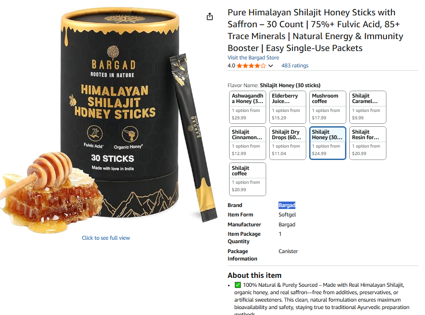 Pure Himalayan Shilajit Honey Sticks Brand Bargad