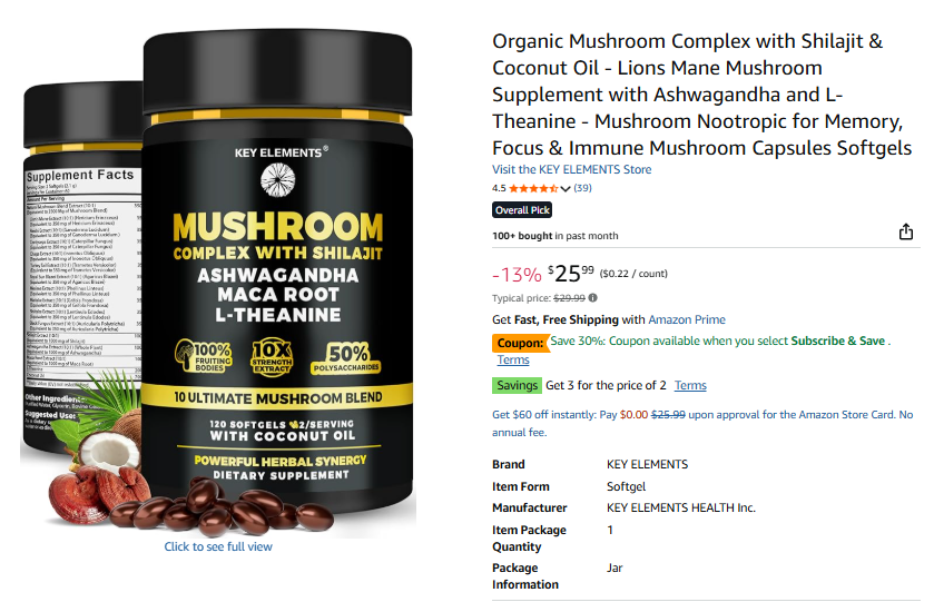 Organic Mushroom Complex with Shilajit & Coconut Oil