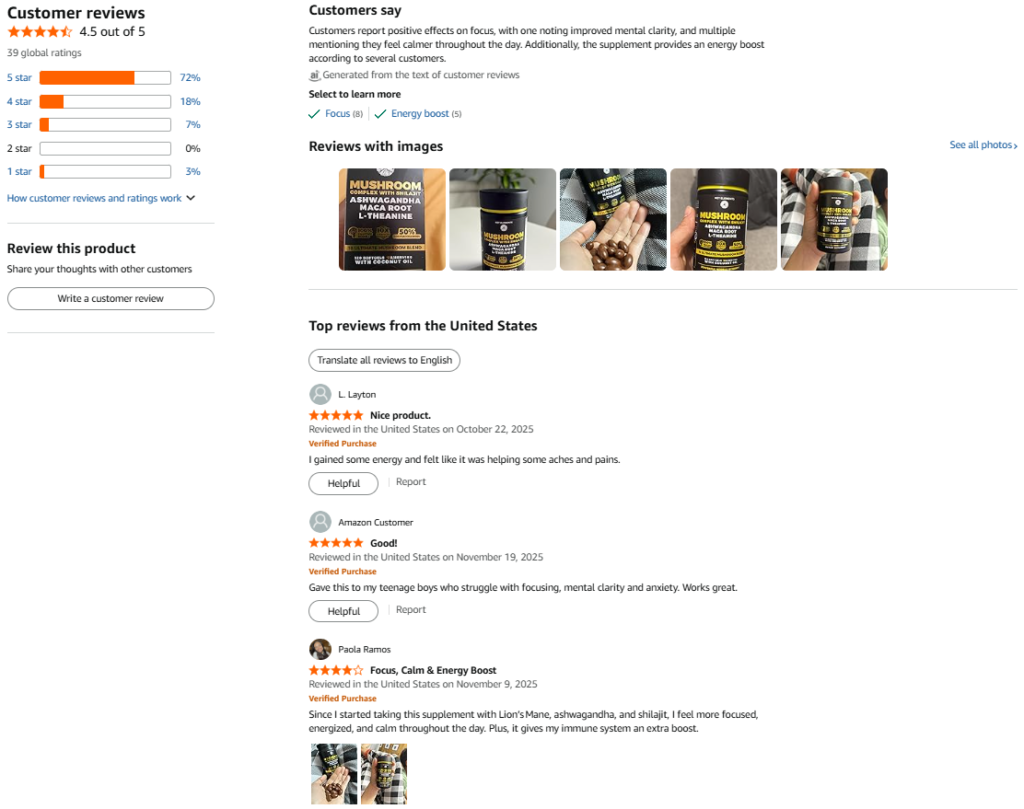 Organic Mushroom Complex with Shilajit & Coconut Oil reviews