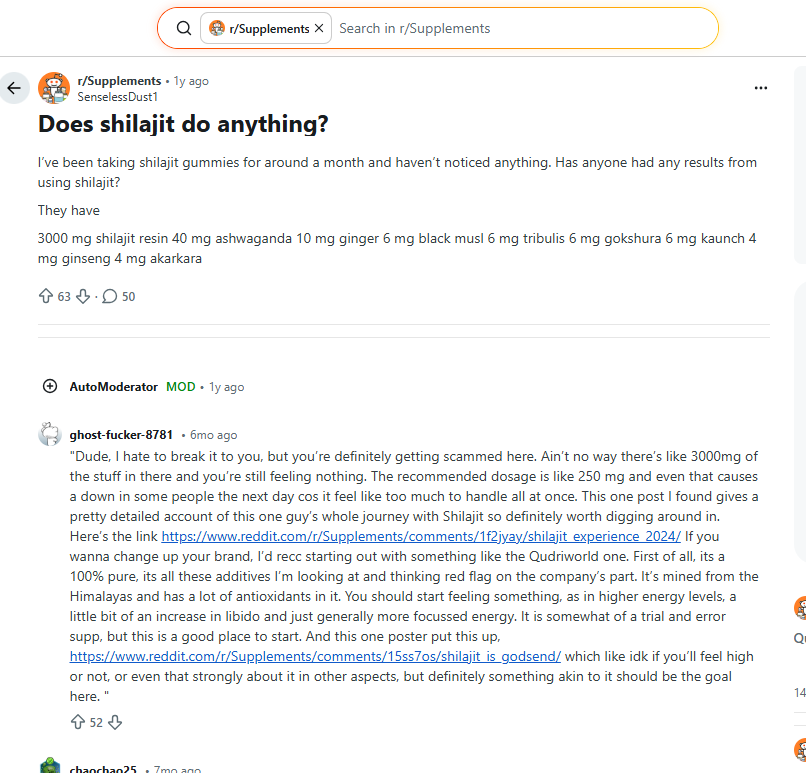 reddit screenshot for shilajit