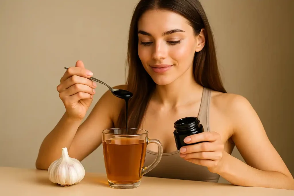 woman taking shilajit with garlic